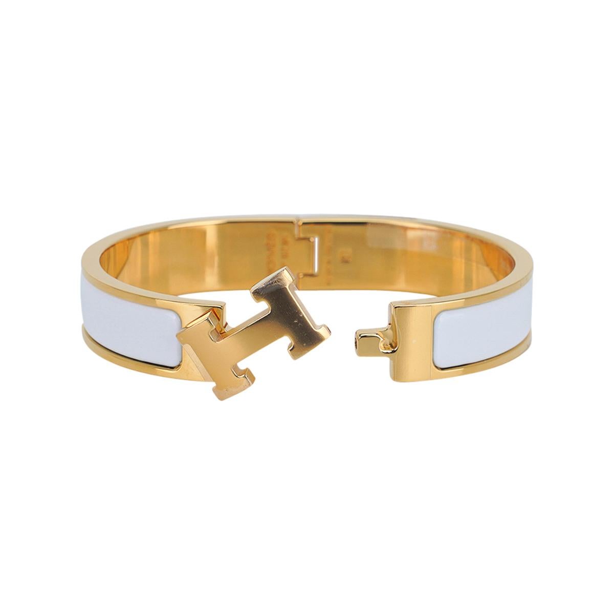 Hermes White Clic Clac H Narrow Enamel Bracelet Gold PM In New Condition For Sale In Miami, FL