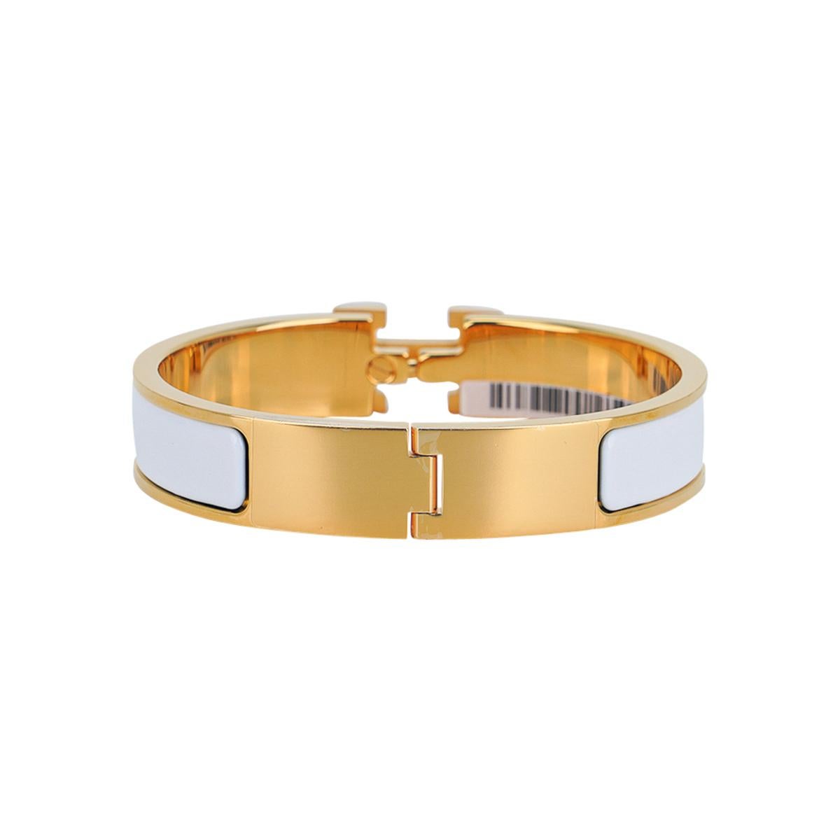 Hermes Weiß Clic Clac H Narrow Emaille Armband Gold PM Damen im Angebot