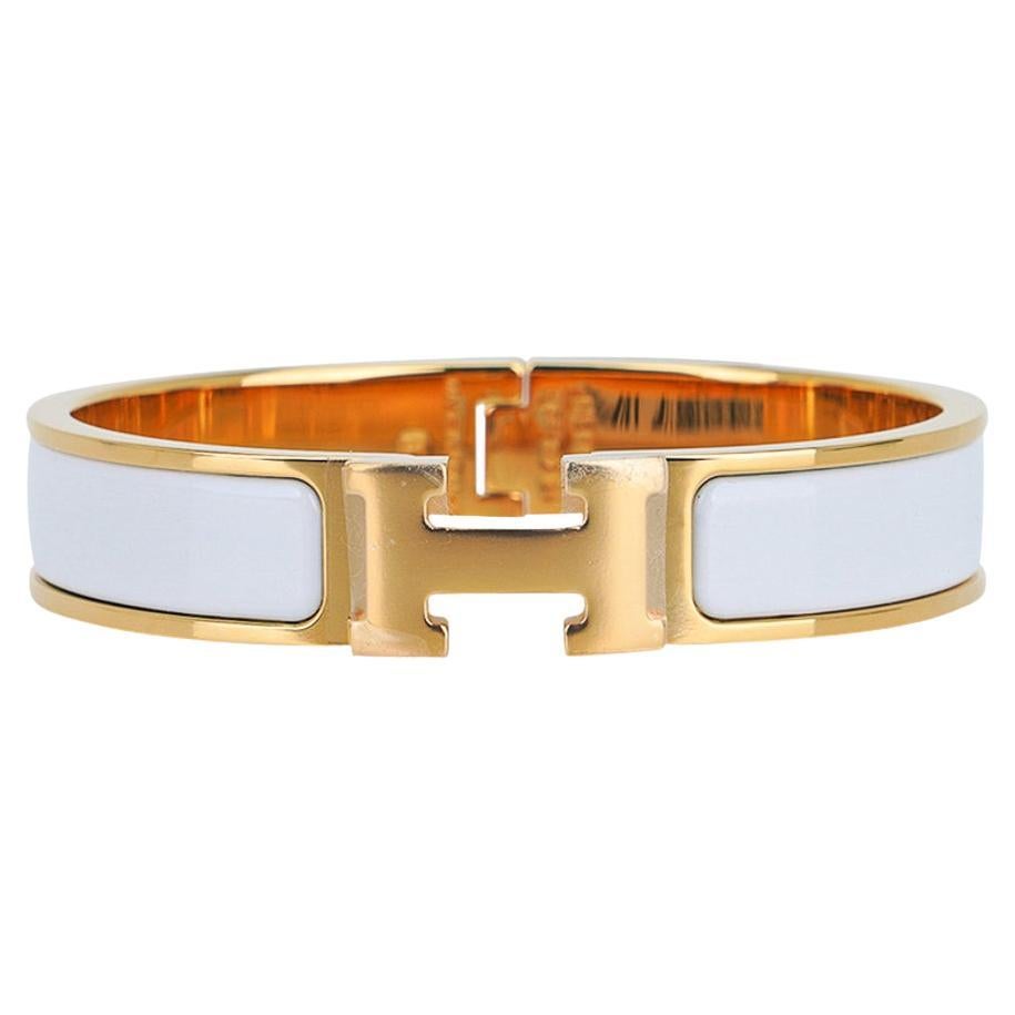 Hermes Weiß Clic Clac H Narrow Emaille Armband Gold PM im Angebot