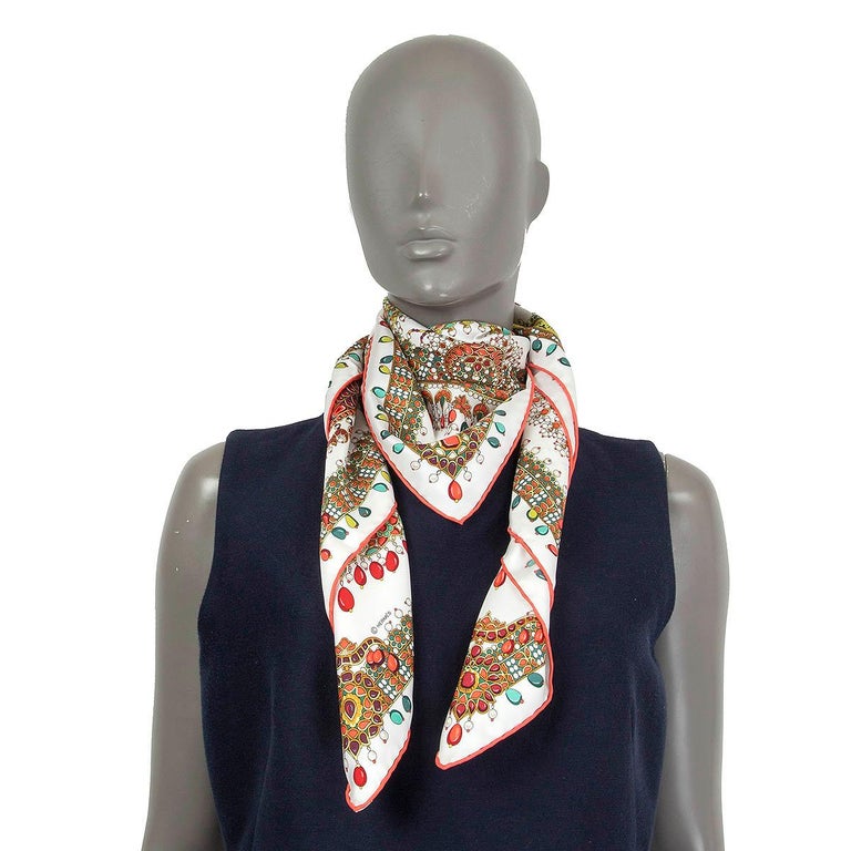Hermes White Coral PARURES DES MAHARAJAS 90 Scarf Silk BLANC CORAIL VERT For Sale At 1stDibs