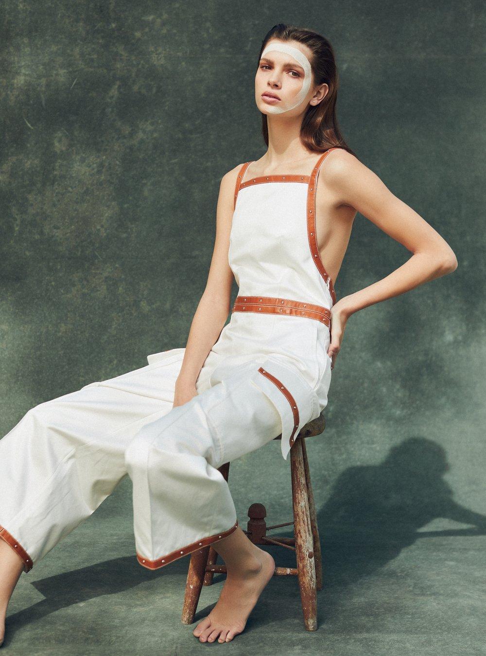 HERMES white cotton 2022 LEATHER TRIM Jumpsuit 36 XS For Sale 5