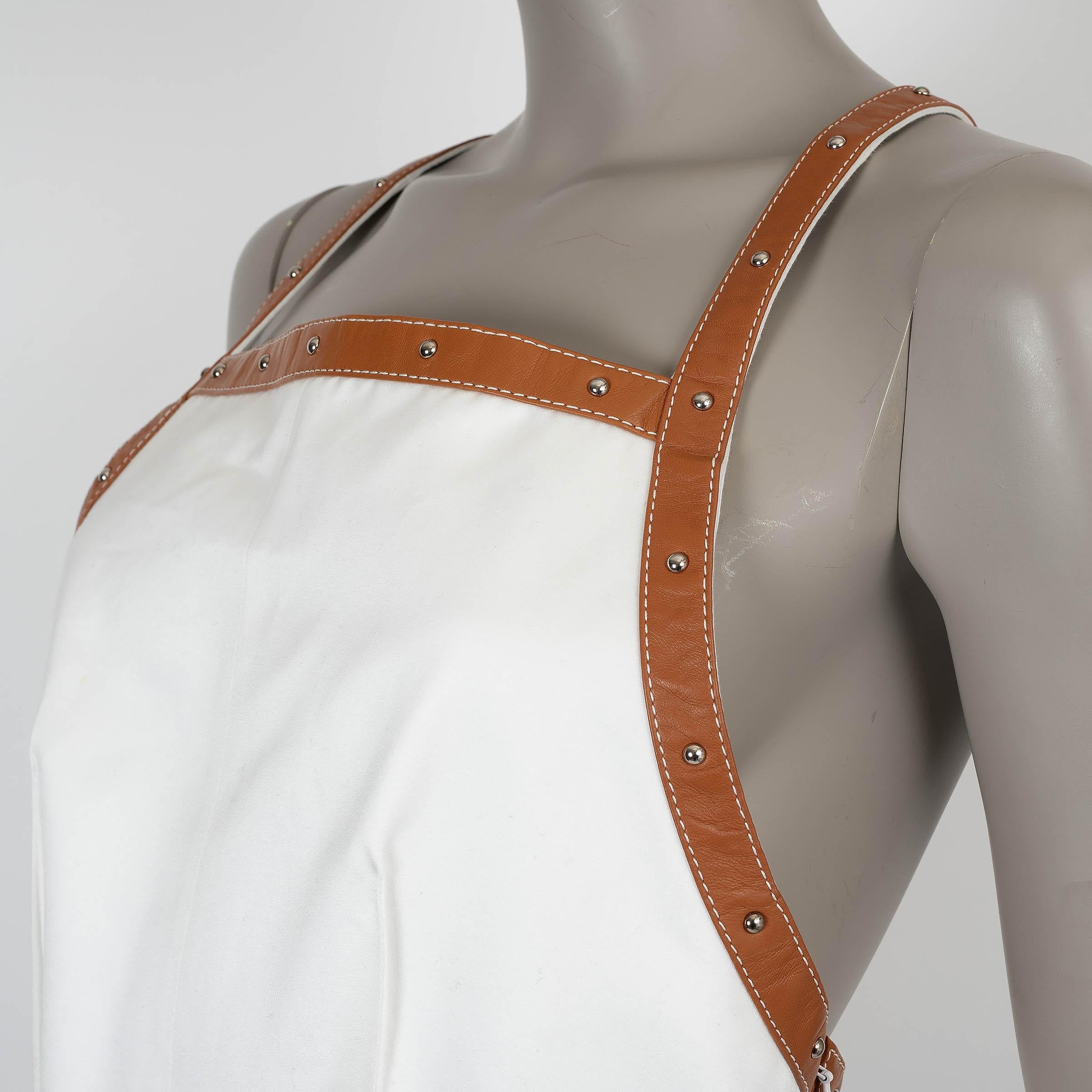 HERMES white cotton 2022 LEATHER TRIM Jumpsuit 36 XS In Excellent Condition For Sale In Zürich, CH