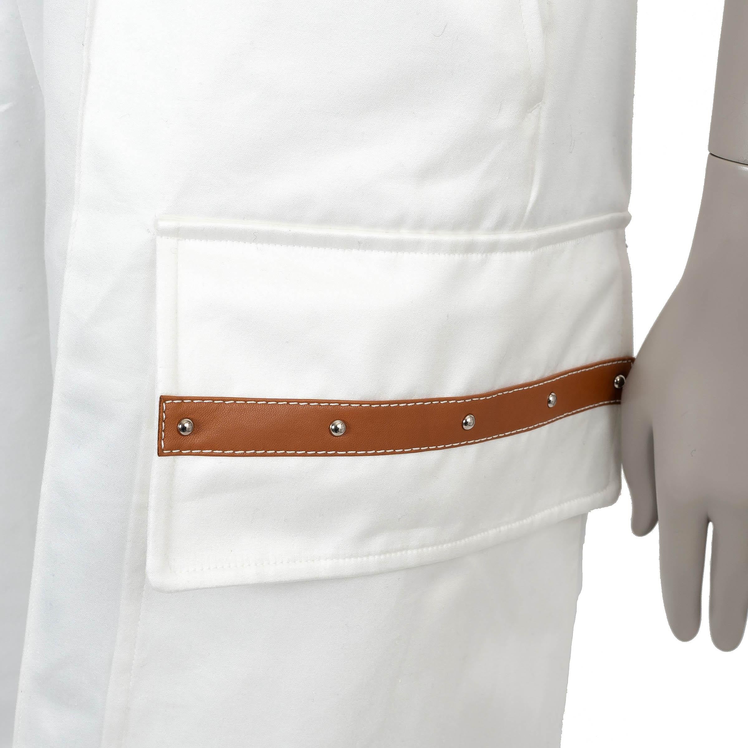 Women's HERMES white cotton 2022 LEATHER TRIM Jumpsuit 36 XS For Sale