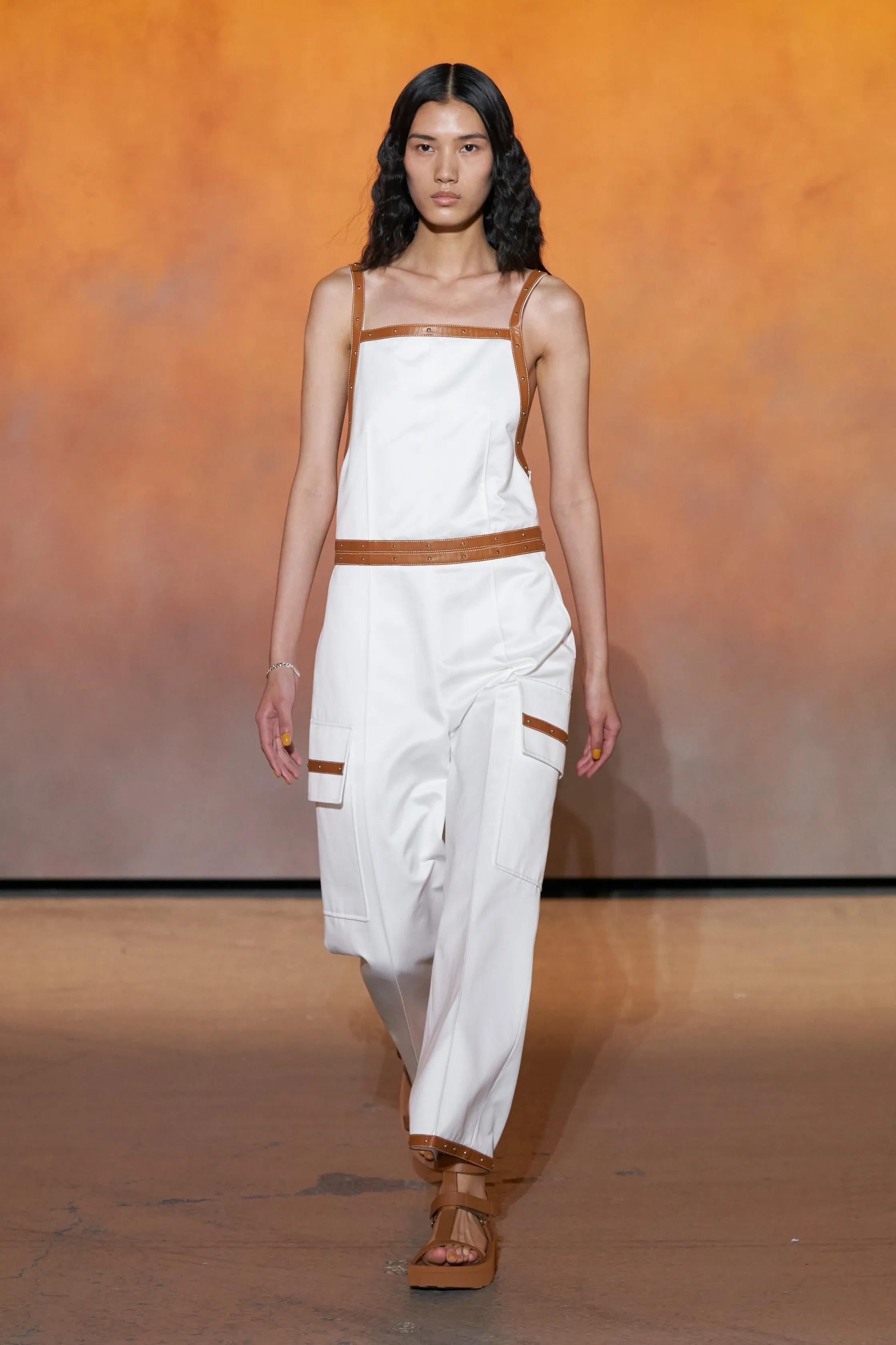 HERMES white cotton 2022 LEATHER TRIM Jumpsuit 36 XS For Sale 2
