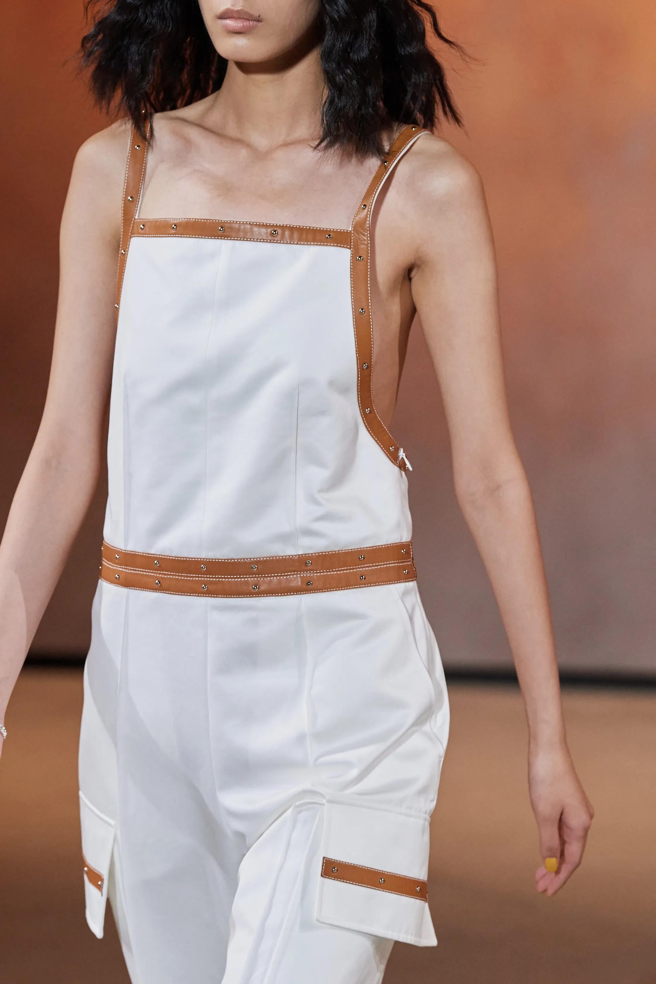 HERMES white cotton 2022 LEATHER TRIM Jumpsuit 36 XS For Sale 3