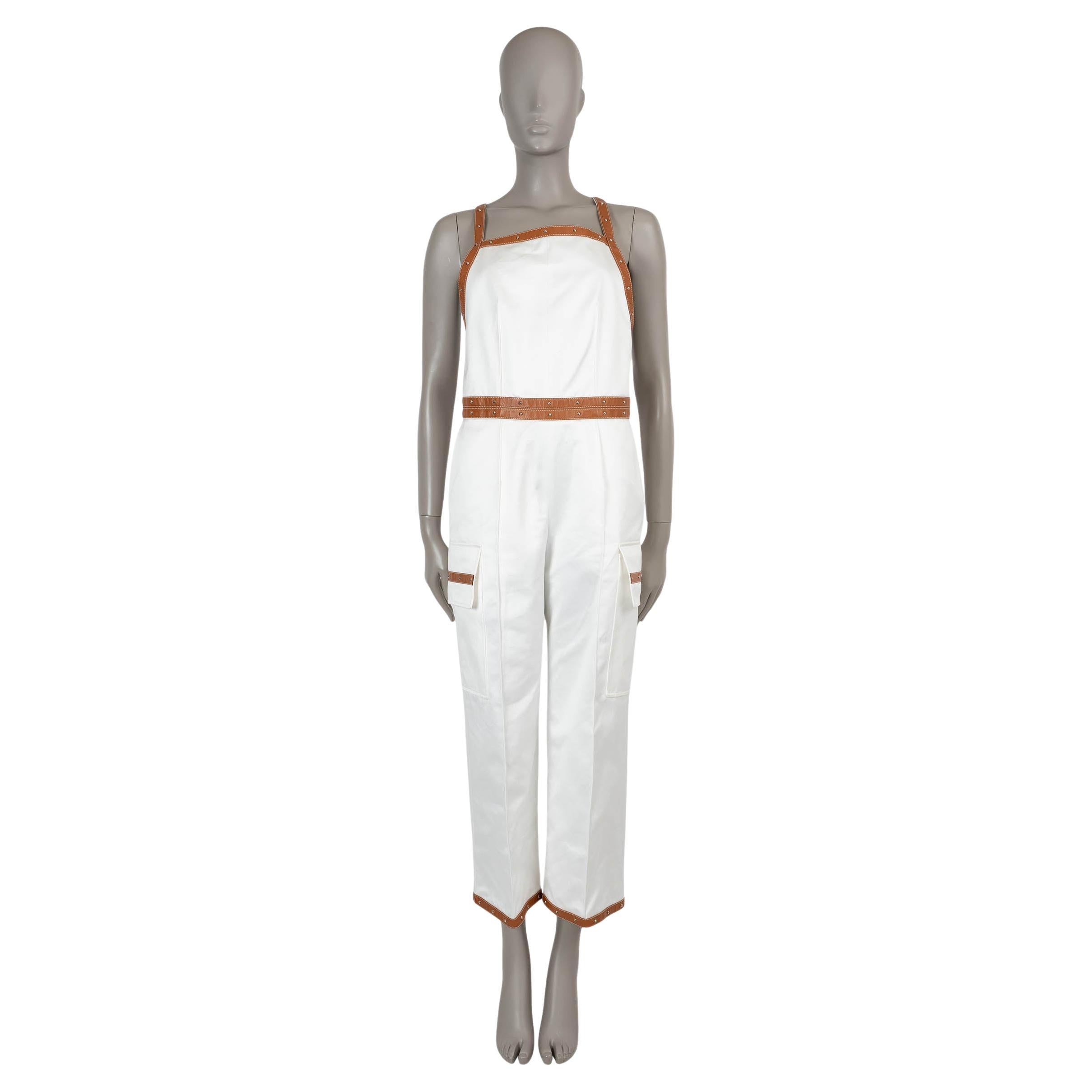 HERMES white cotton 2022 LEATHER TRIM Jumpsuit 36 XS
