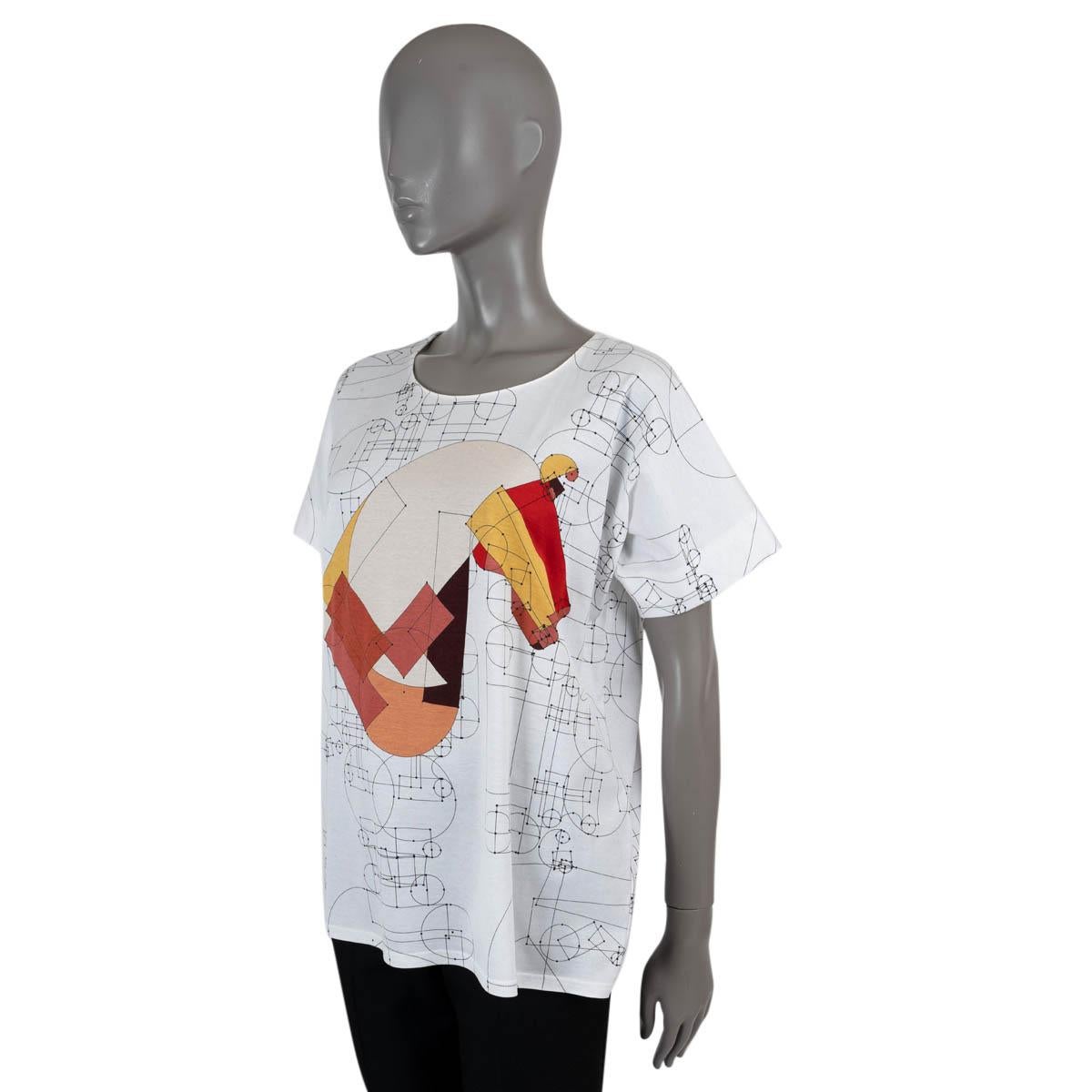 100% authentic Hermès t-shirt in white cotton jersey (100%) with Echec au Roi print in beige, brick, orange, yellow and black. Has a small spot on the left shoulder and on the front.

2013 Spring/Summer

Measurements
Tag Size	38
Size	S
Shoulder
