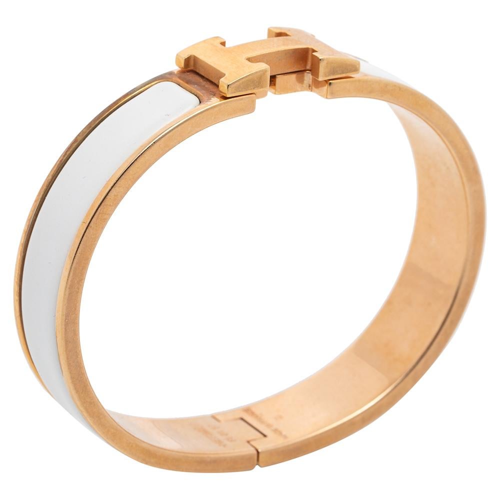 Hermes White Enamel Gold Plated Clic H Bracelet In Good Condition In Dubai, Al Qouz 2