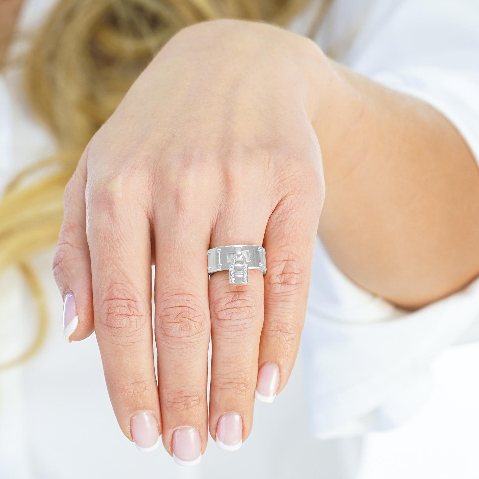 Hermes White Gold Diamond Kelly Cadenas Lock Ring 3