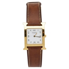 Hermes White Gold Plated Stainless Steel Leather Heure Women's Wristwatch 26 mm