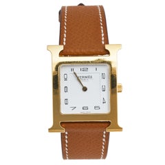 Hermes Weiß vergoldete Edelstahl-Leder-Heure Damenarmbanduhr 30 mm