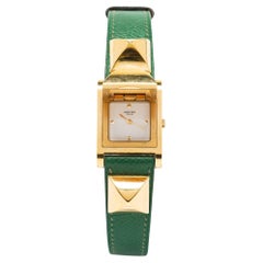 Weißgoldete Edelstahl-Leder-Armbanduhr Medor für Damen von Hermès 23 mm