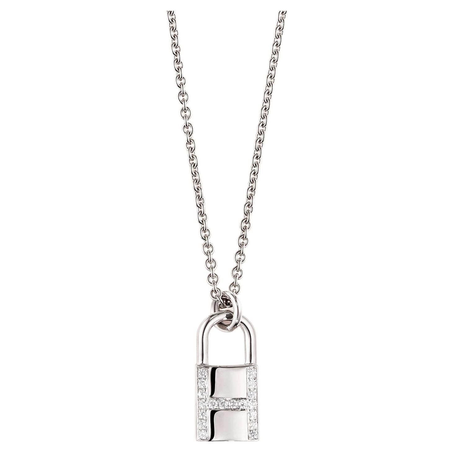 Hermes White Gold Set With Diamonds Padlock Amulets Pendant For Sale at