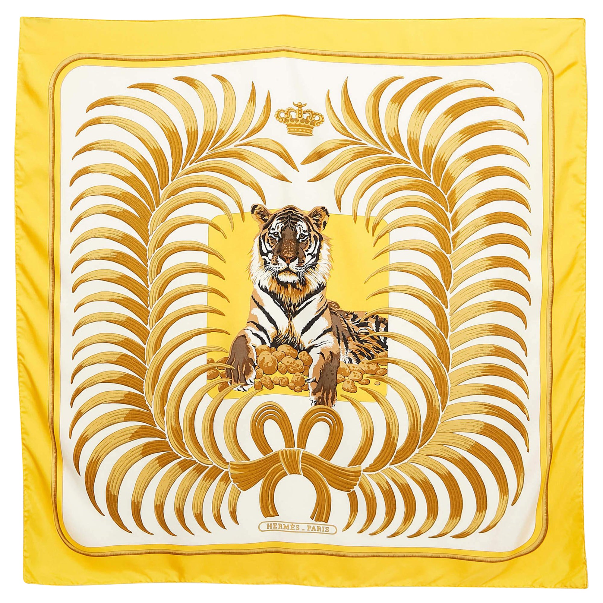 Hermès White/Gold Tiger Royal Print Silk Square Scarf