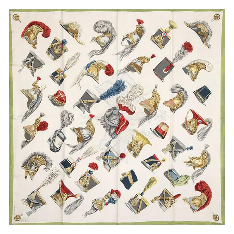 Hermes white & green COIFFES MILITAIRES 90 silk twill Scarf