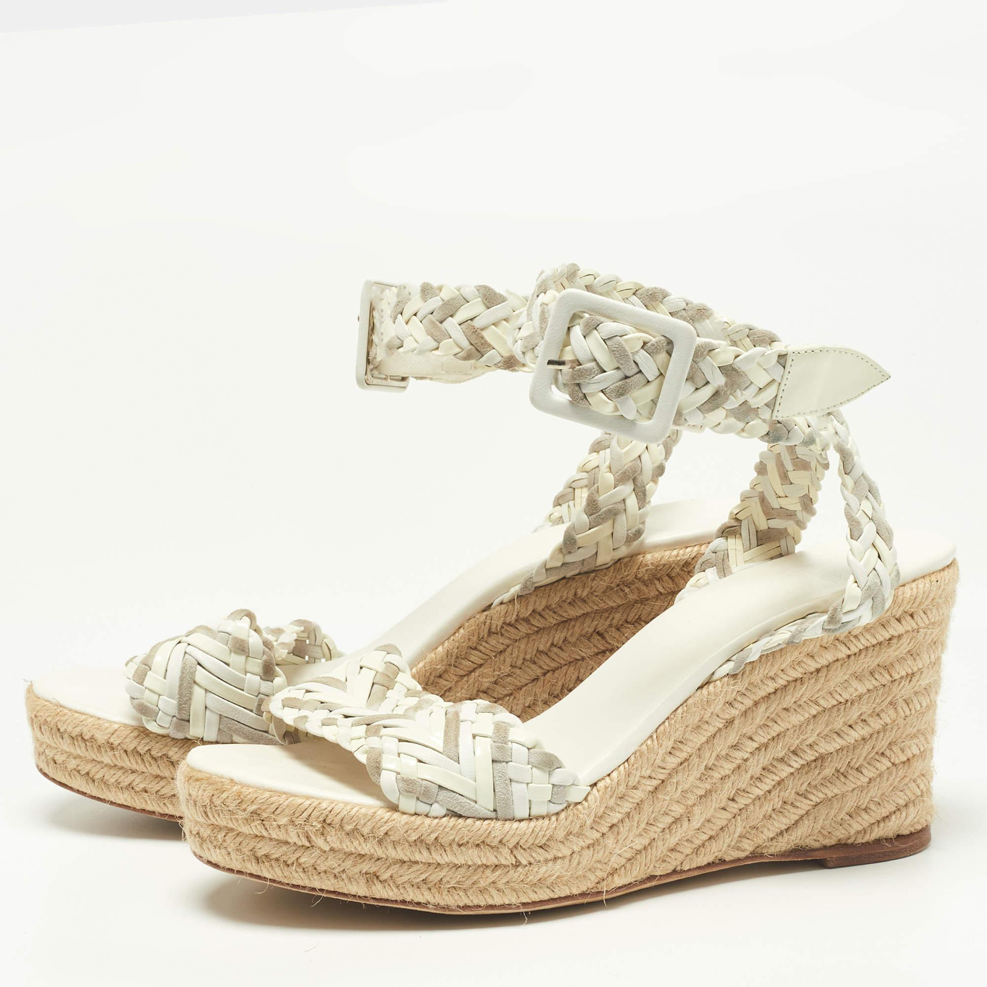 Beige Hermes White/Grey Patent Leather and Suede Sofia Espadrille Wedge Sandals Size 3