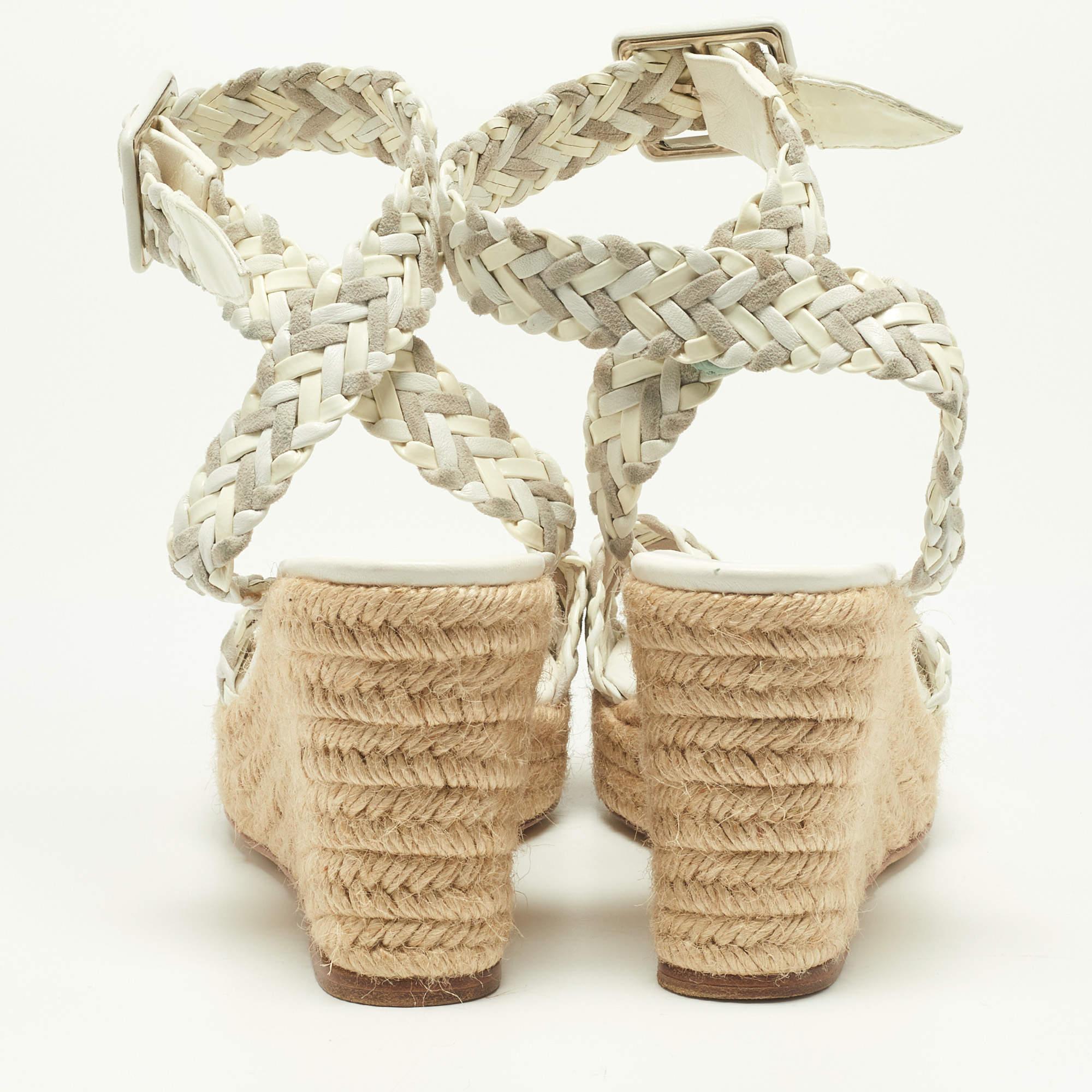 Hermes White/Grey Patent Leather and Suede Sofia Espadrille Wedge Sandals Size 3 1
