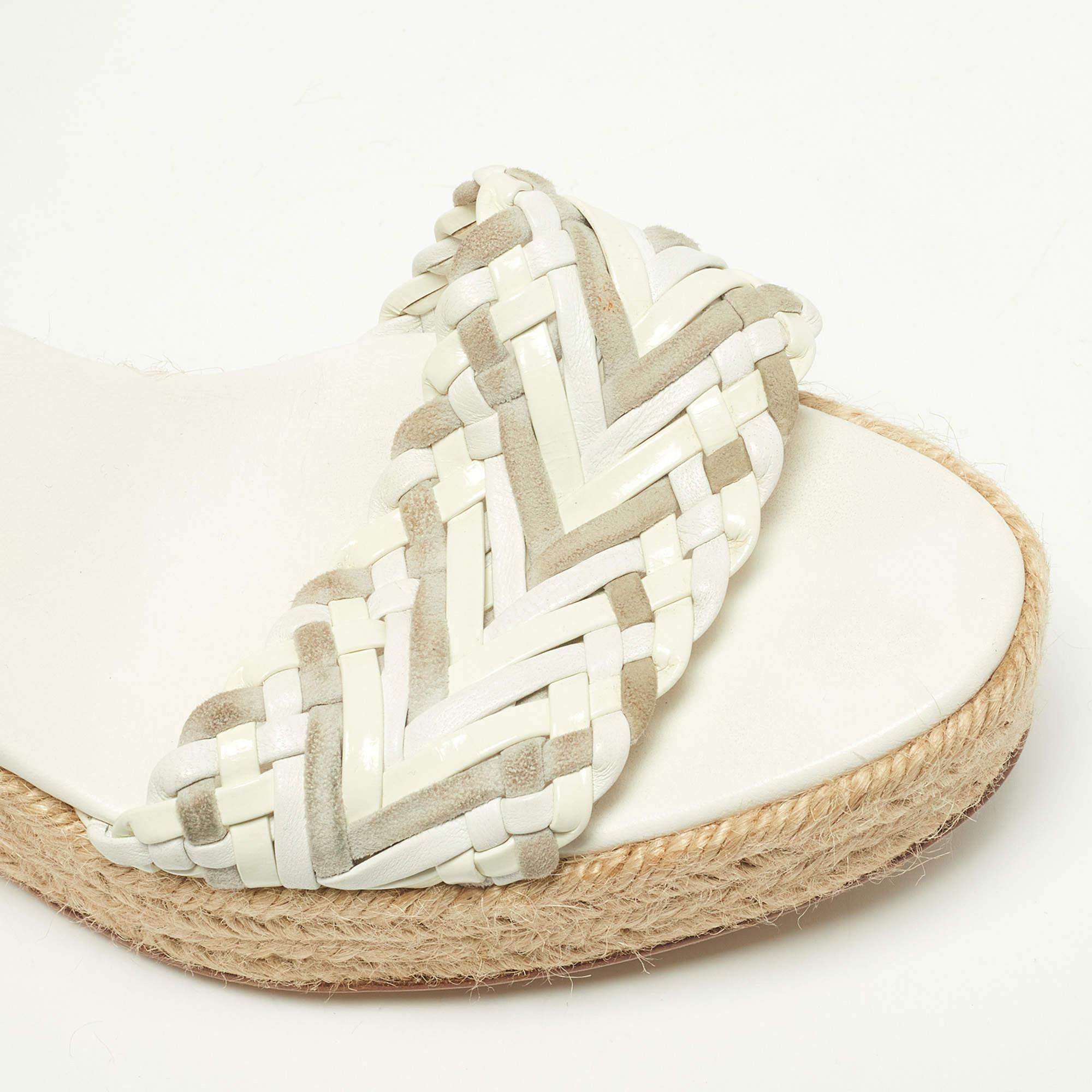 Hermes White/Grey Patent Leather and Suede Sofia Espadrille Wedge Sandals Size 3 3