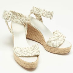 Hermes White/Grey Woven Patent Leather and Suede Sofia Espadrille Wedge Sandals
