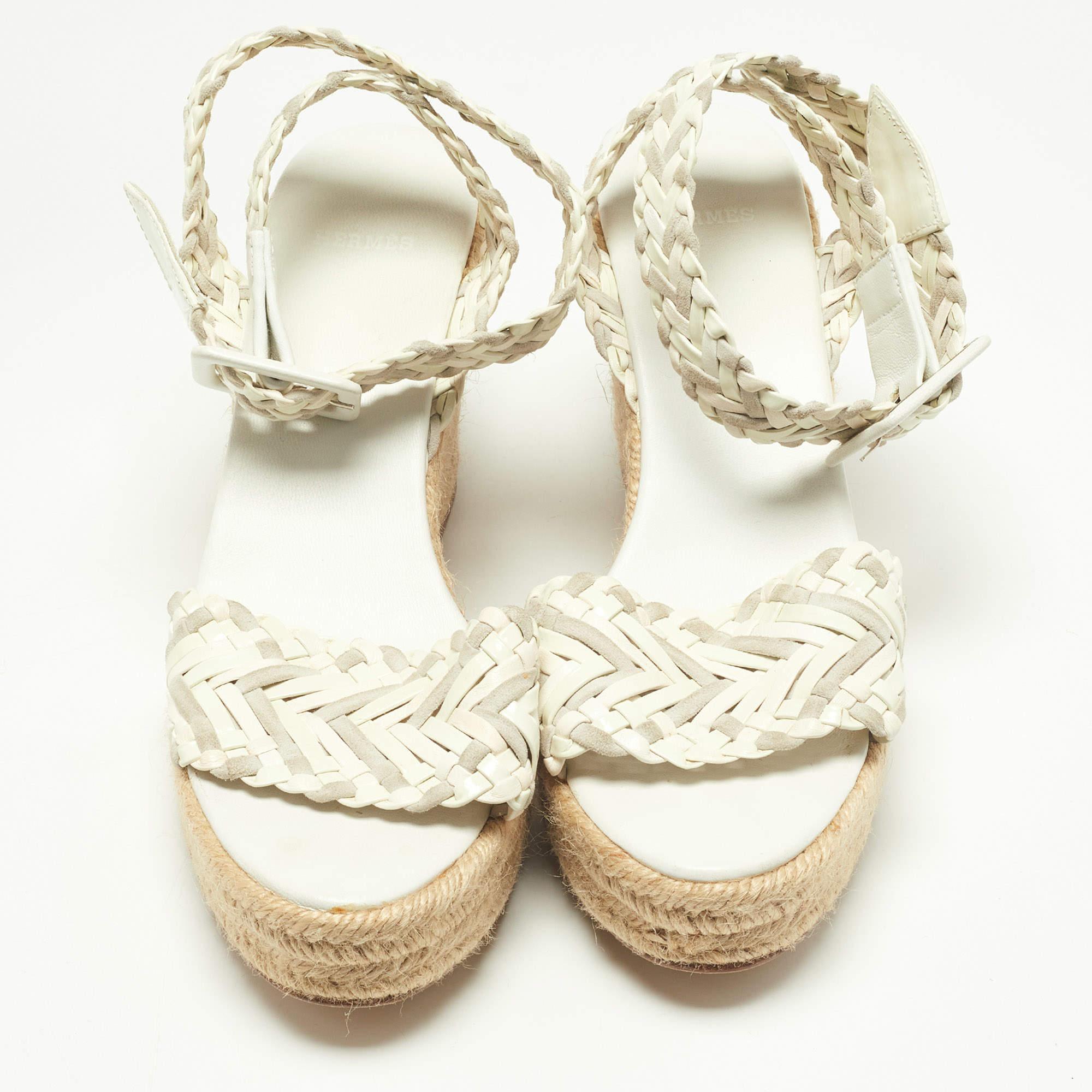 Beige Hermes White/Grey Woven Patent Leather and Suede Sofia Espadrille Wedge Sandals 