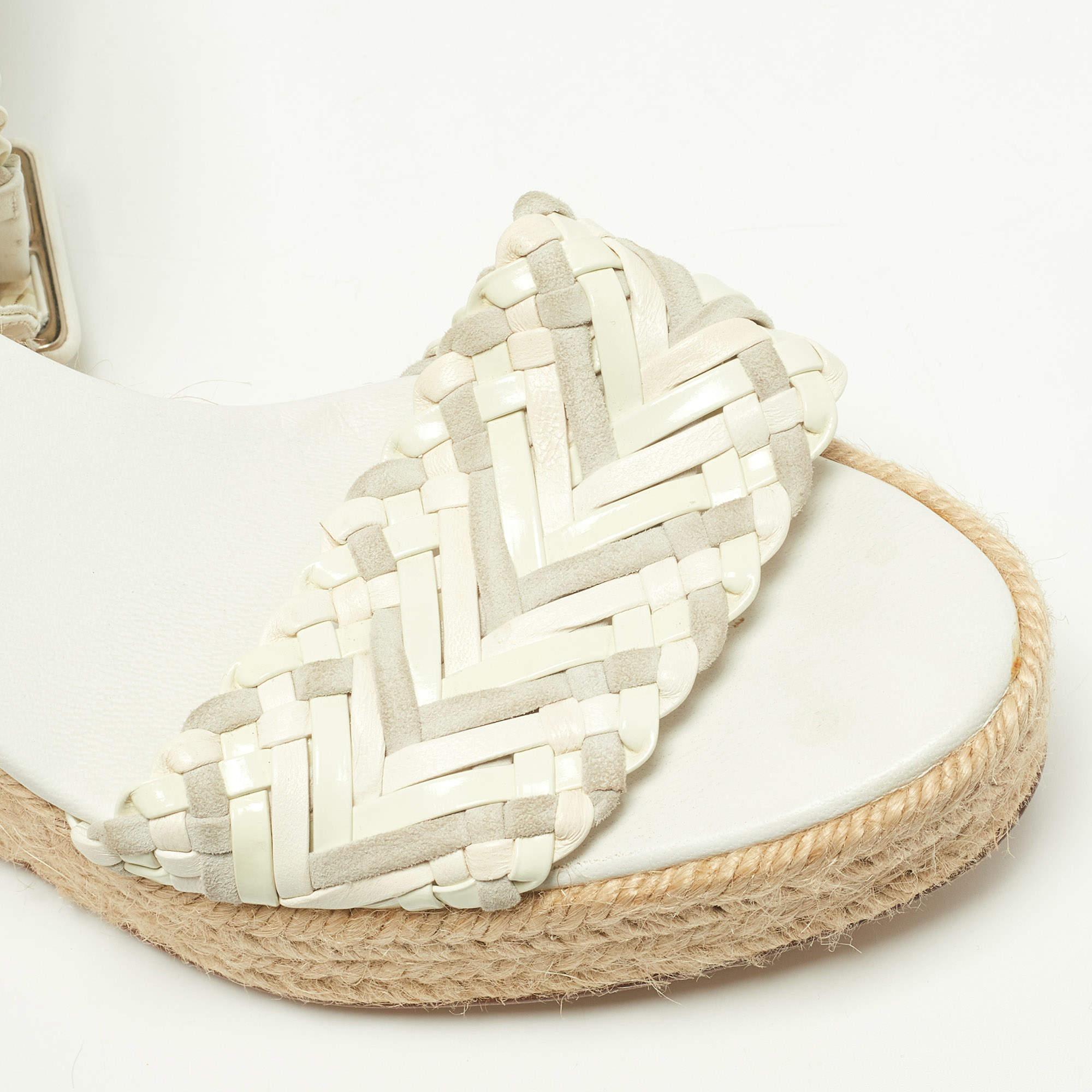 Women's Hermes White/Grey Woven Patent Leather and Suede Sofia Espadrille Wedge Sandals 