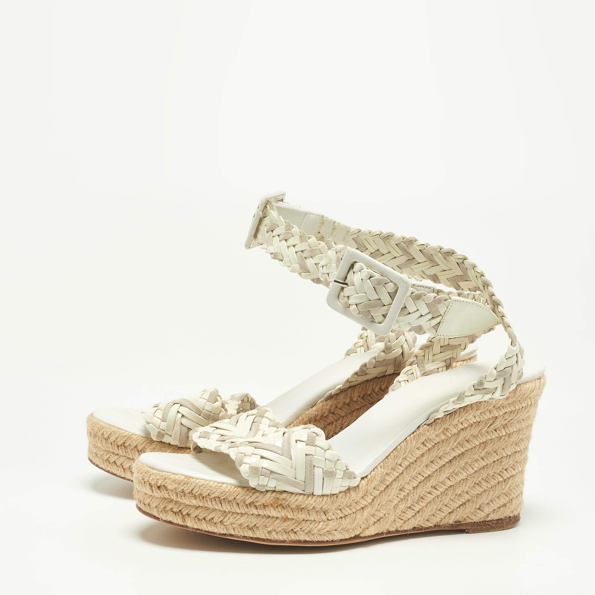 Hermes White/Grey Woven Patent Leather and Suede Sofia Espadrille Wedge Sandals  1
