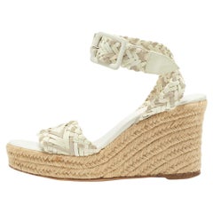 Hermes White/Grey Woven Patent Leather and Suede Sofia Espadrille Wedge Sandals