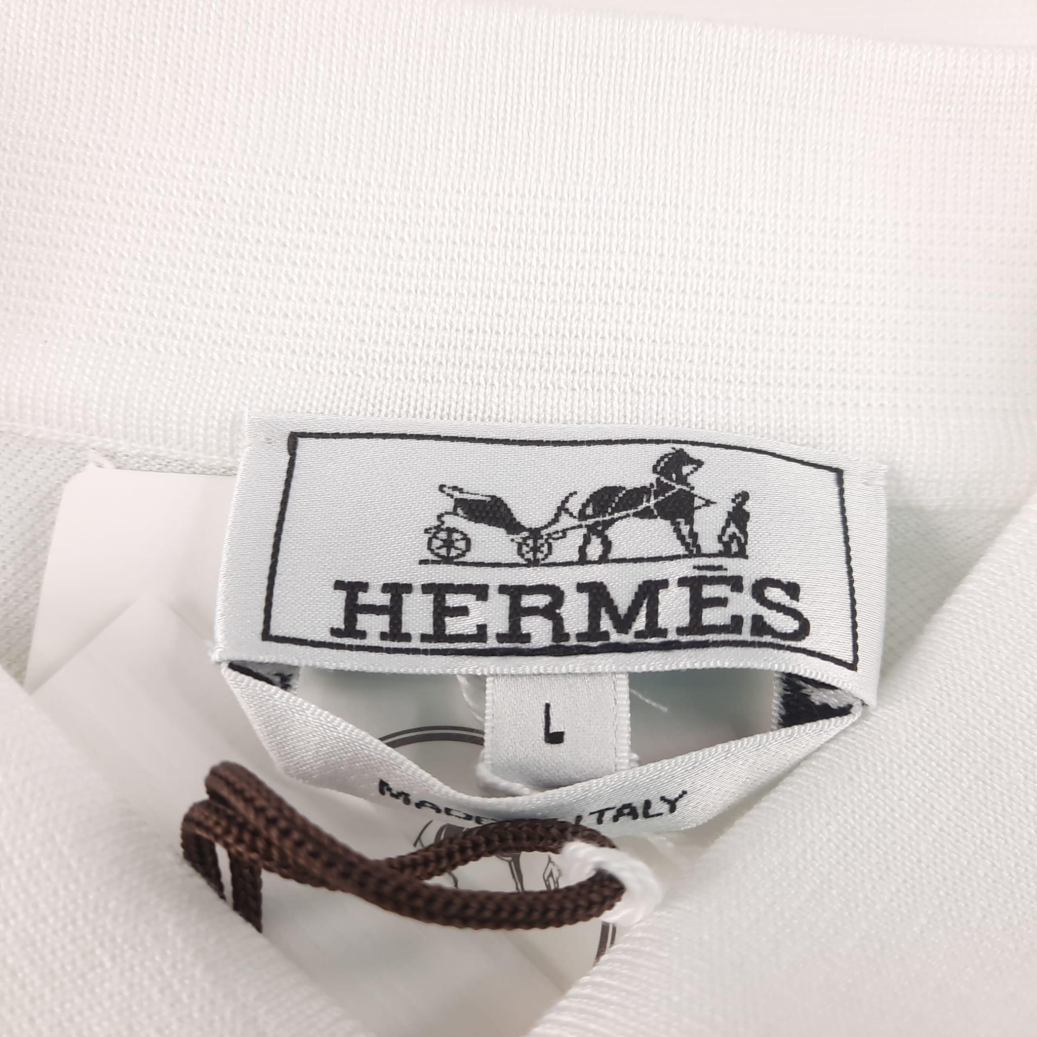 Men's Hermes White H cotton embroidered buttoned Size L polo shirt  For Sale