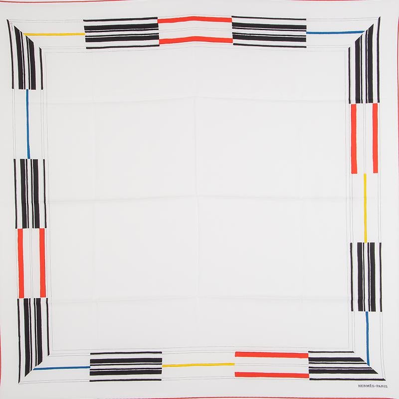 Hermes 'Jumping 90' scarf in white, red, yellow, black and blue silk twill (100%). Has been worn and is in excellent condition.

Width 90cm (35.1in)
Height 90cm (35.1in)