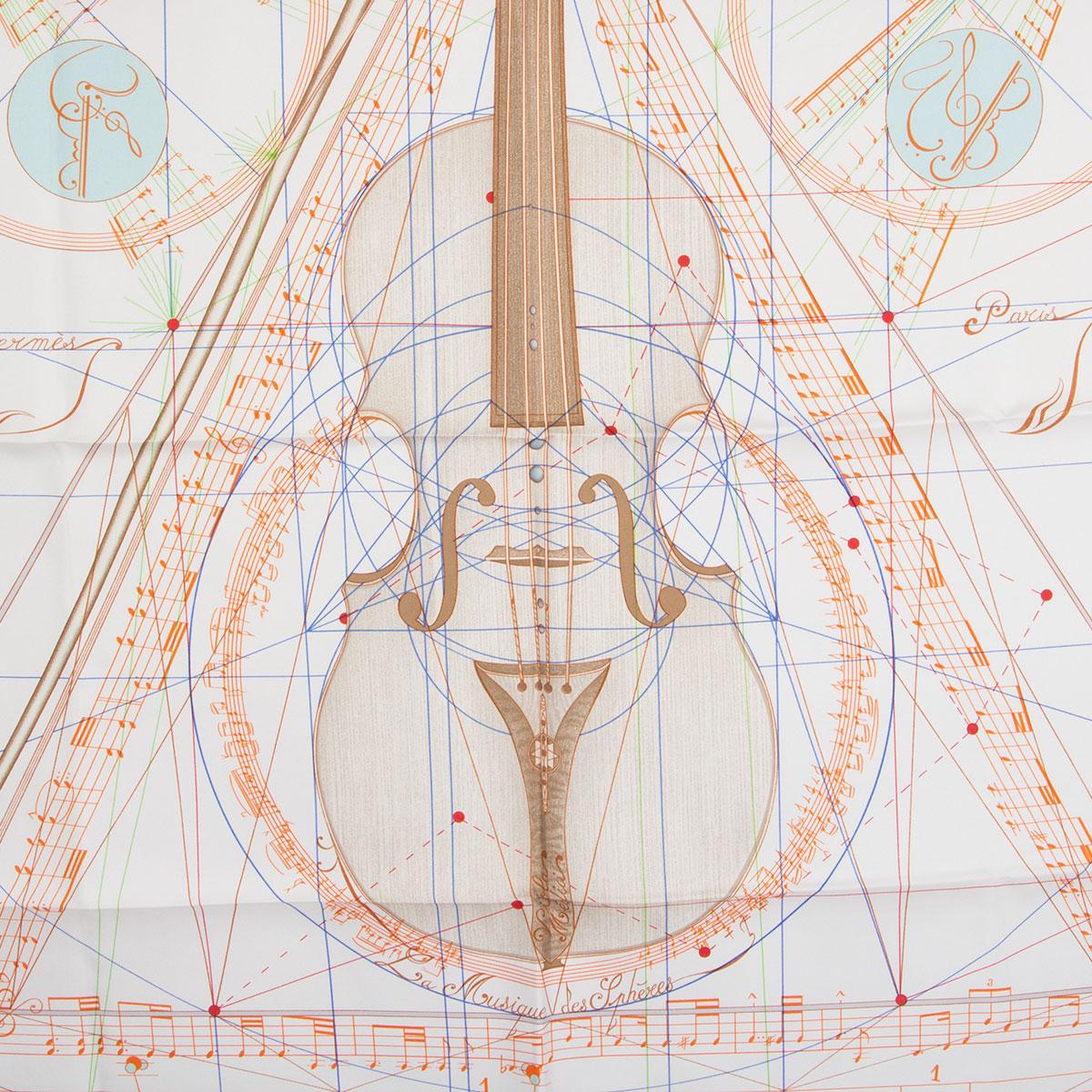 100% authentic Hermes 'La Musique des Spheres 90' scarf by Zoe Pauwels in white silk twill (100%) with details in blue, orange and green. Has been worn and is in excellent condition.

Width 90cm (35.1in)
Height 90cm (35.1in)

All our listings