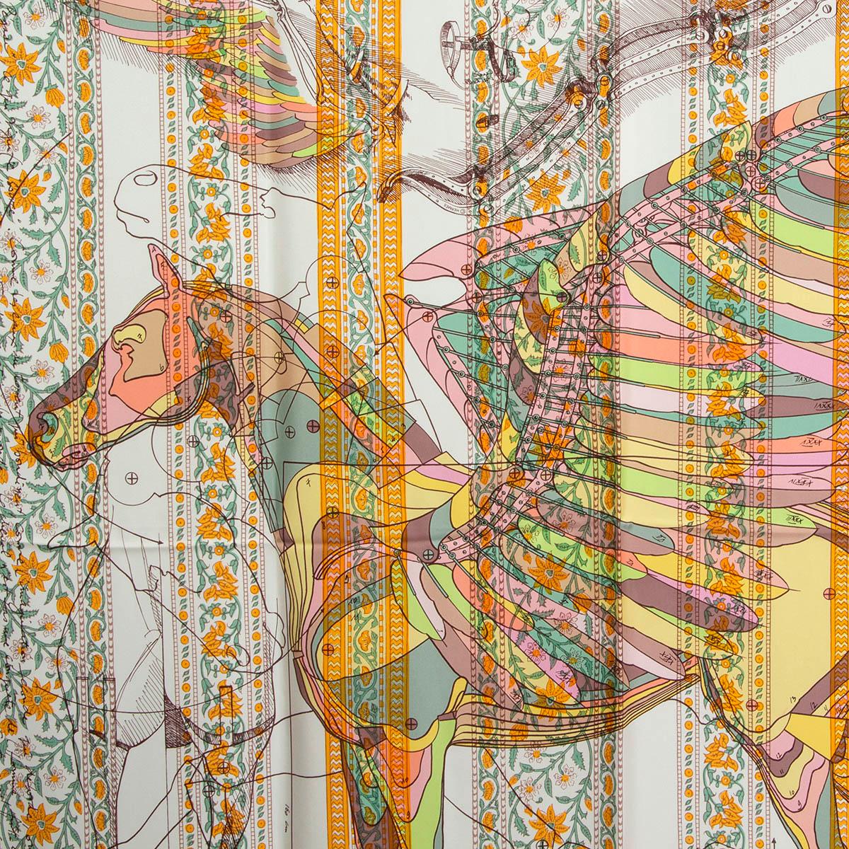 100% authentic Hermès 'Le Pegase d'Hermes au Bloc 140' scarf in white silk twill (100%) with contrast taupe hem and details in yellow, pink and green. Has been worn and is in excellent condition.

Measurements
Width	140cm (54.6in)
Height	140cm