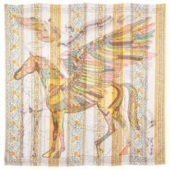 HERMES white LE PEGASE D'HERMES AU BLOC 140 TWILL silk Shawl Scarf