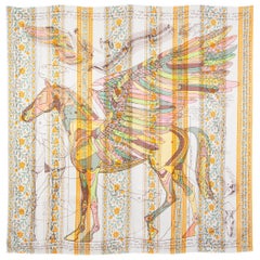 HERMES white LE PEGASE D'HERMES AU BLOC 140 TWILL silk Shawl Scarf