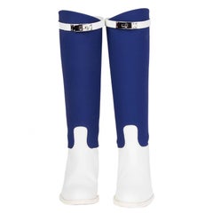 HERMES white leather & blue canvas LTD ED JUMPING Knee High Flat Boots Shoes 38