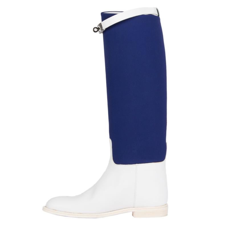 Violet HERMES cuir blanc & toile bleue LTD ED JUMPING Knee High Flat Boots Shoes 38 en vente