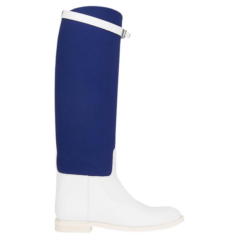 HERMES cuir blanc & toile bleue LTD ED JUMPING Knee High Flat Boots Shoes 38 en vente