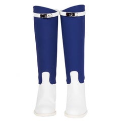 HERMES white leather & blue canvas LTD ED JUMPING Knee High Flat Boots Shoes 39