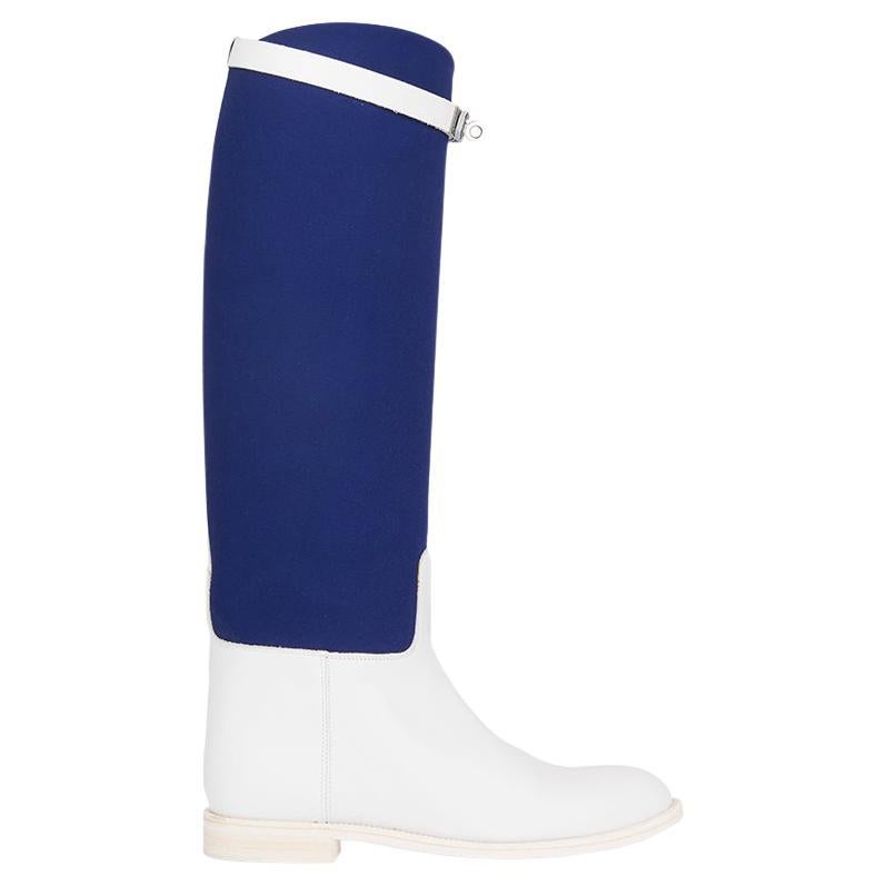 HERMES cuir blanc & toile bleue LTD ED JUMPING Knee High Flat Boots Shoes 39