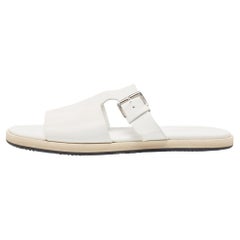Hermes White Leather Buckle Detail Flat Slide Sandals Size 42.5