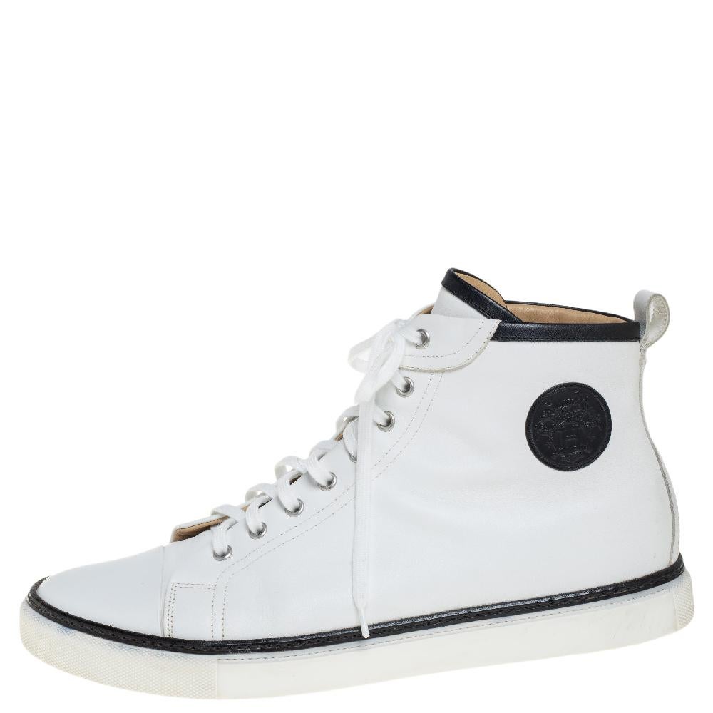 Gray Hermes White Leather Cap Toe High Top Sneakers Size 45