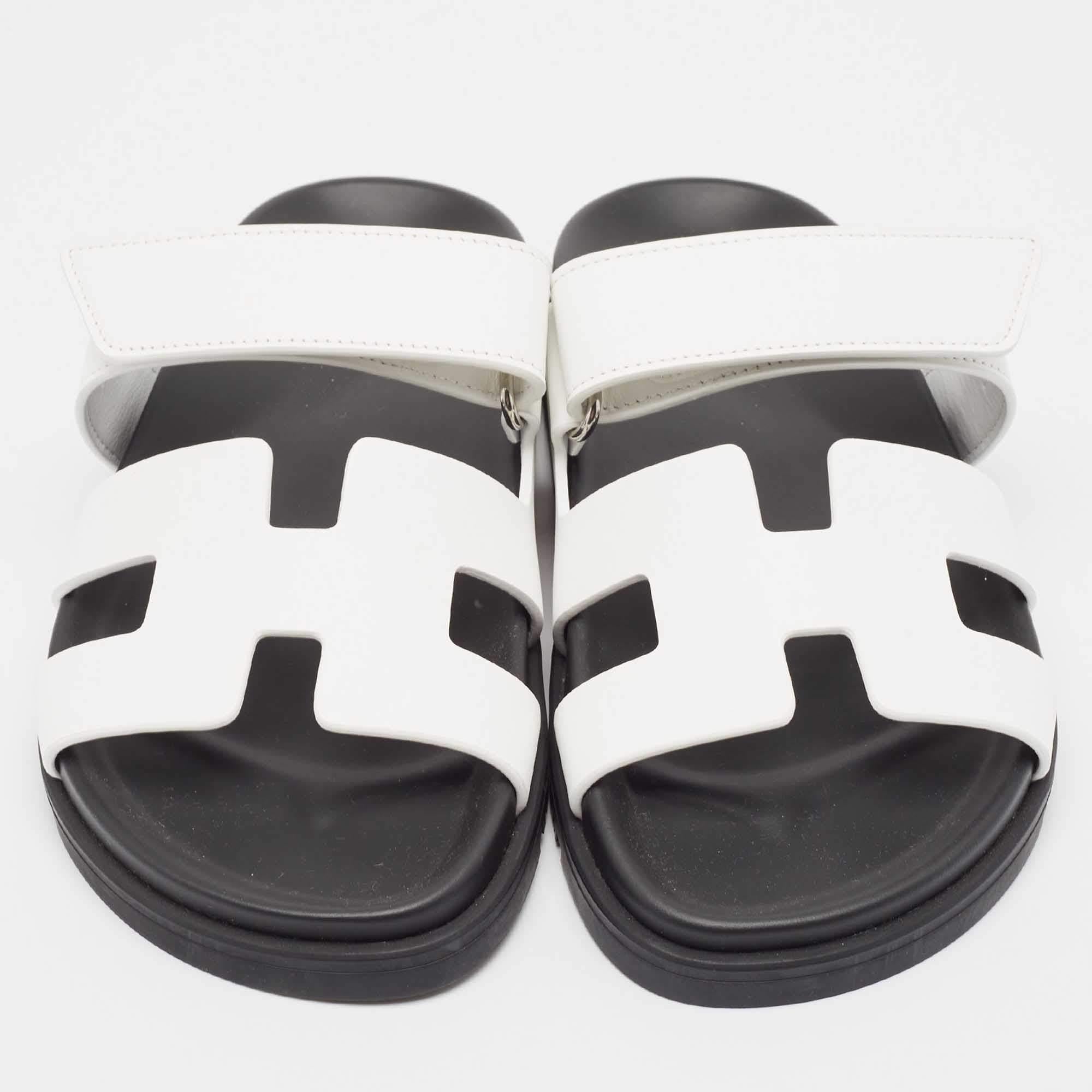 Black Hermes White Leather Chypre Sandals Size 35.5