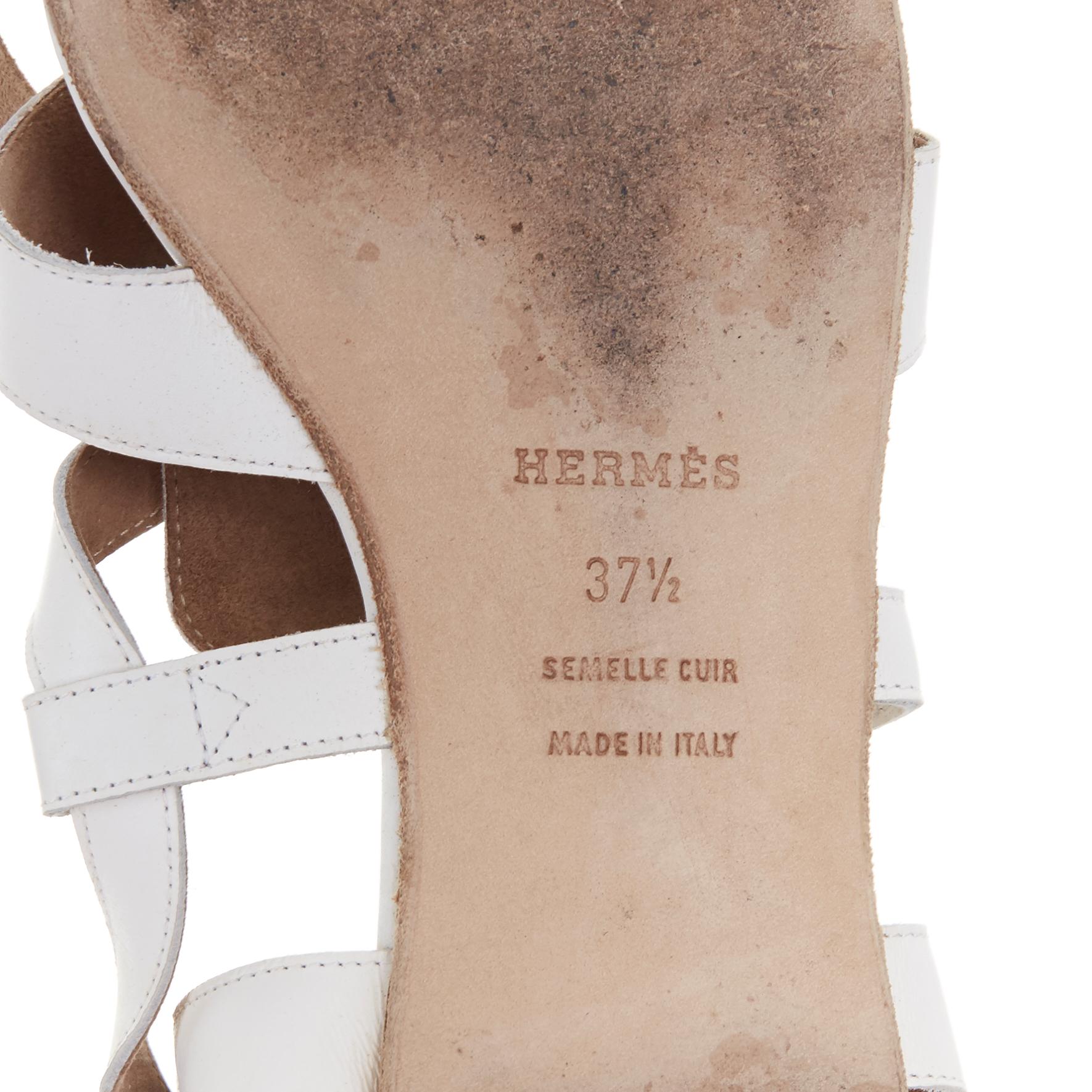 HERMES white leather cross stral gladiator ankle wrap thong sandals EU37.5 4