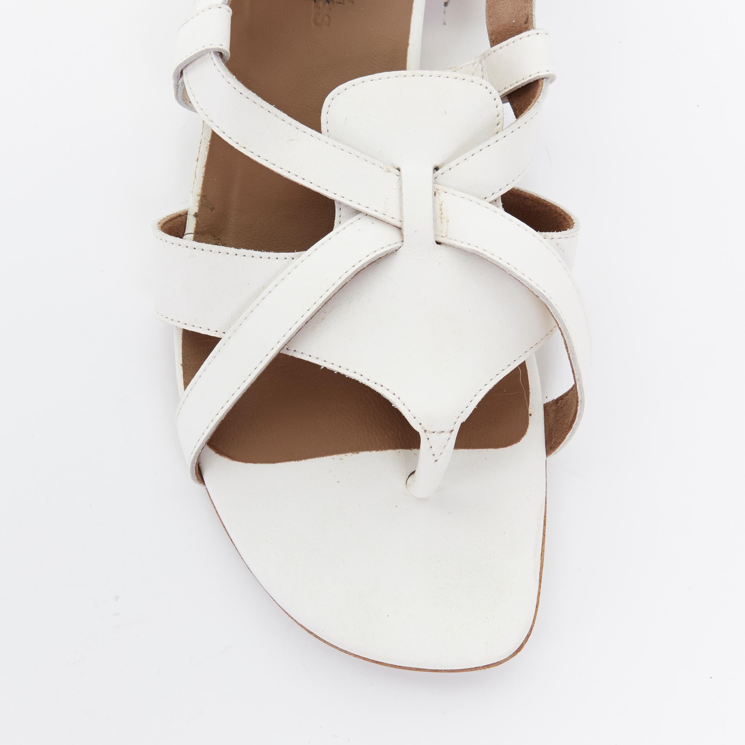 HERMES white leather cross stral gladiator ankle wrap thong sandals EU37.5 1