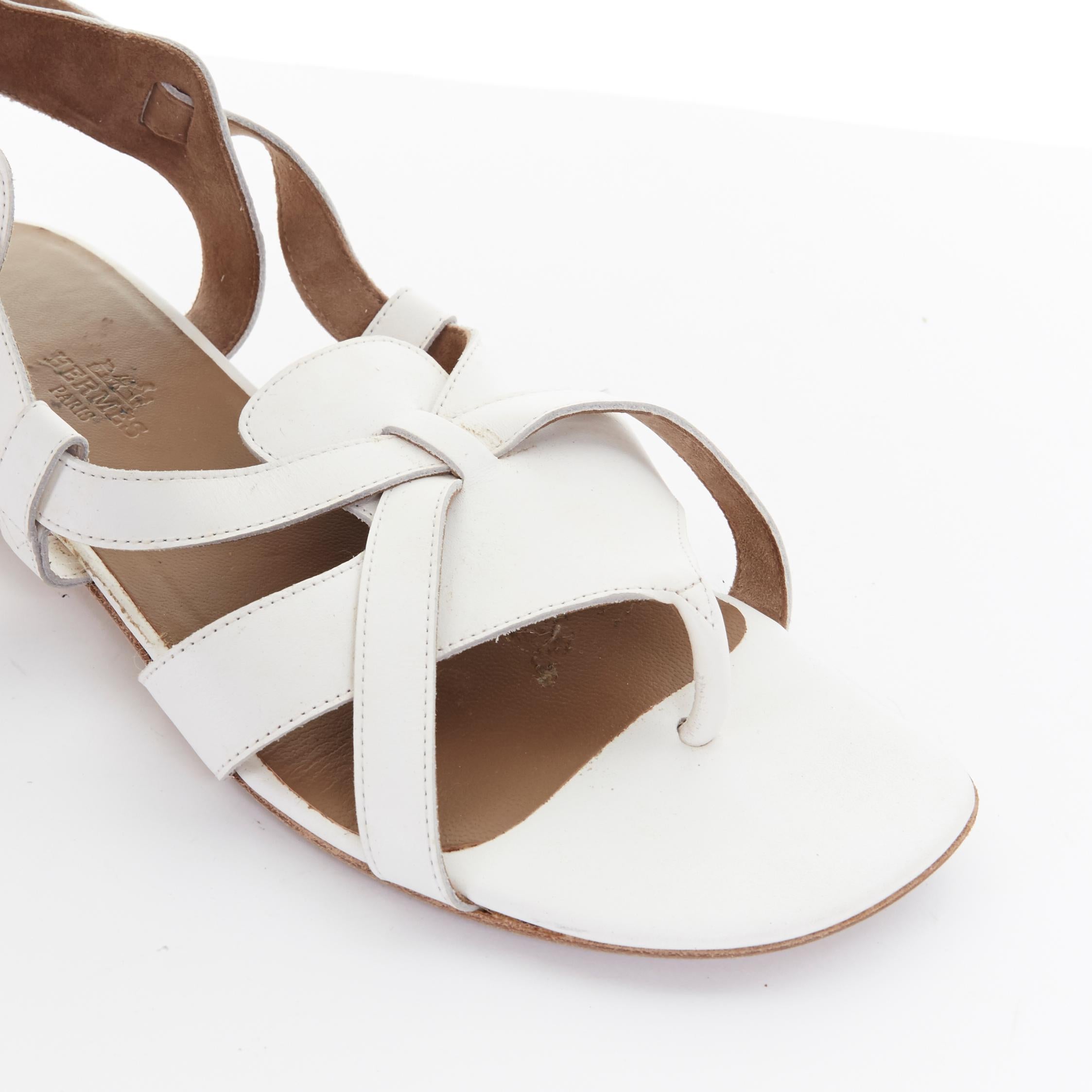 HERMES white leather cross stral gladiator ankle wrap thong sandals EU37.5 2