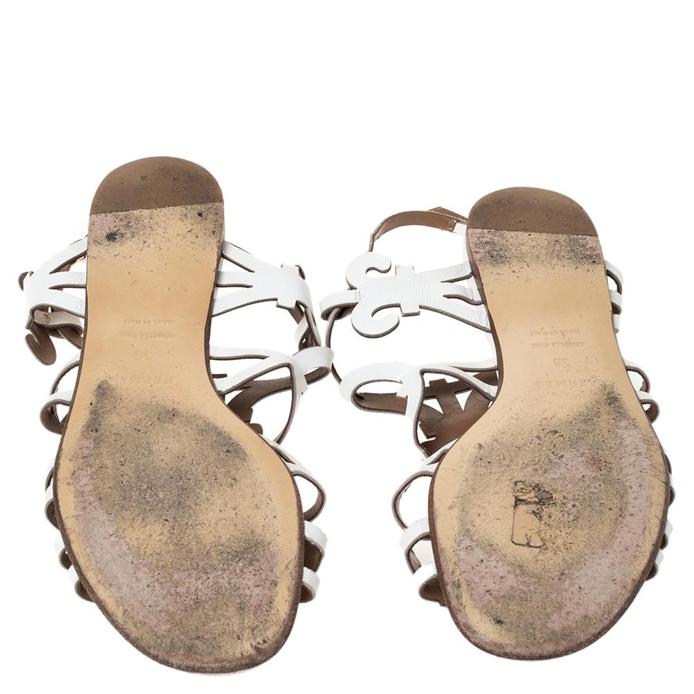 Women's Hermes White Leather Karlotta Cut Out Flat Sandals Size 36