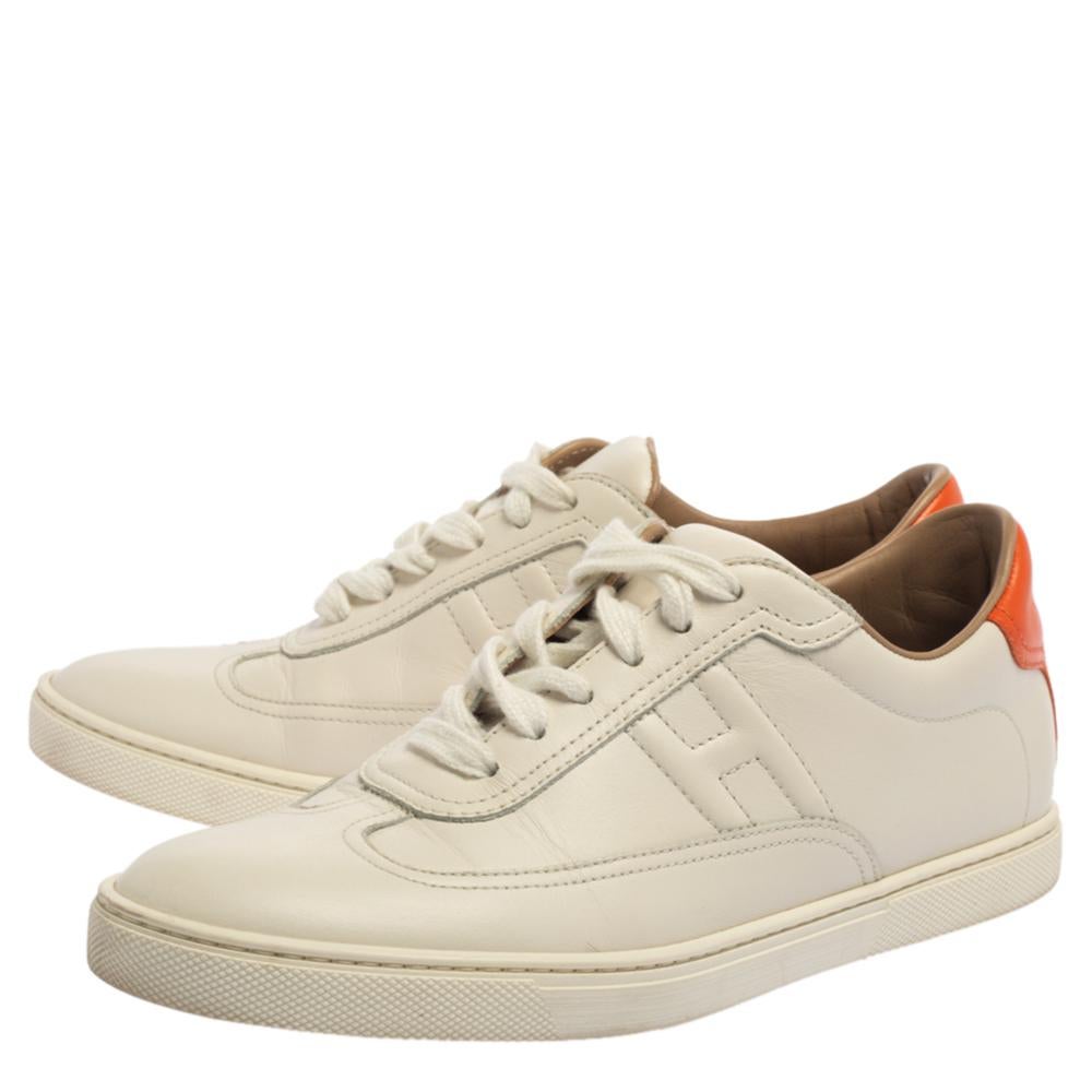 Women's Hermes White Leather Lace Up Low Top Sneakers Size 37