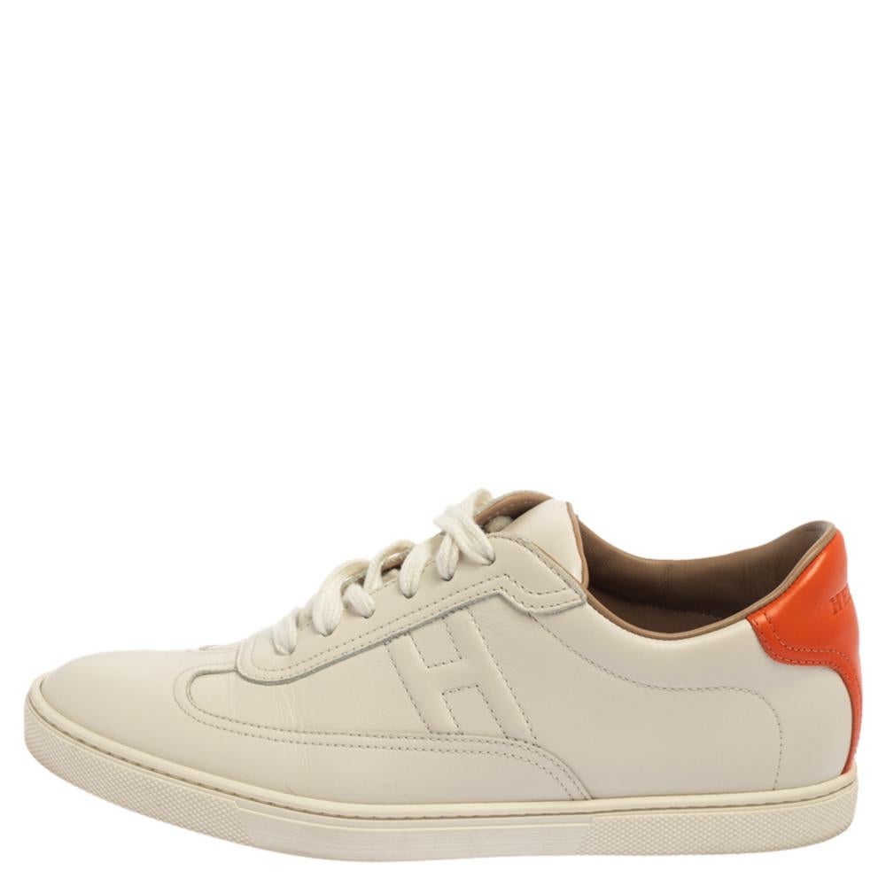 Hermes White Leather Lace Up Low Top Sneakers Size 37 2
