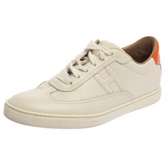 Hermes White Leather Lace Up Low Top Sneakers Size 37