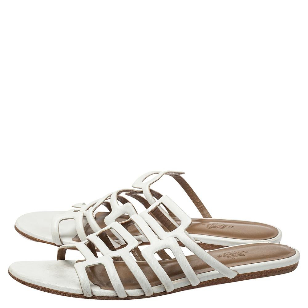 Women's Hermés White Leather Olympe Flat Slides Size 37