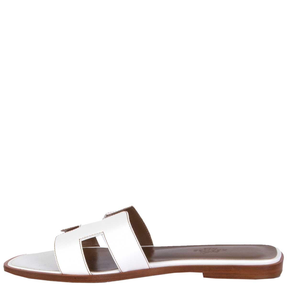 Brown HERMES white leather ORAN Flat Slides Sandals Shoes 37